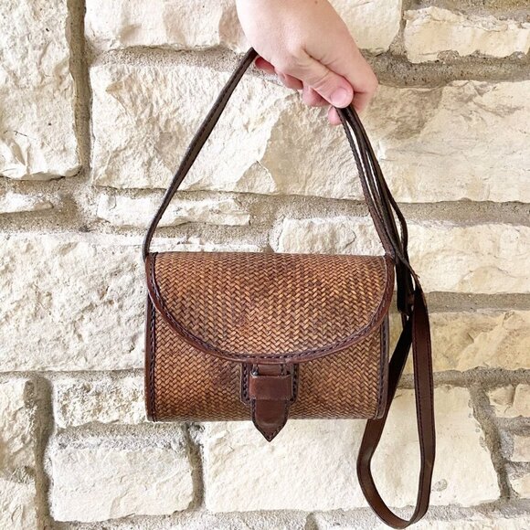 Inge Christopher for Indolink Handbags - Vintage Inge Christopher Herringbone Rattan & Leather Crossbody Bag